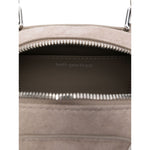 Top view of grey Self-Portrait Suede mini shoulder bag showing zip fastening and main compartment with bow detailing.