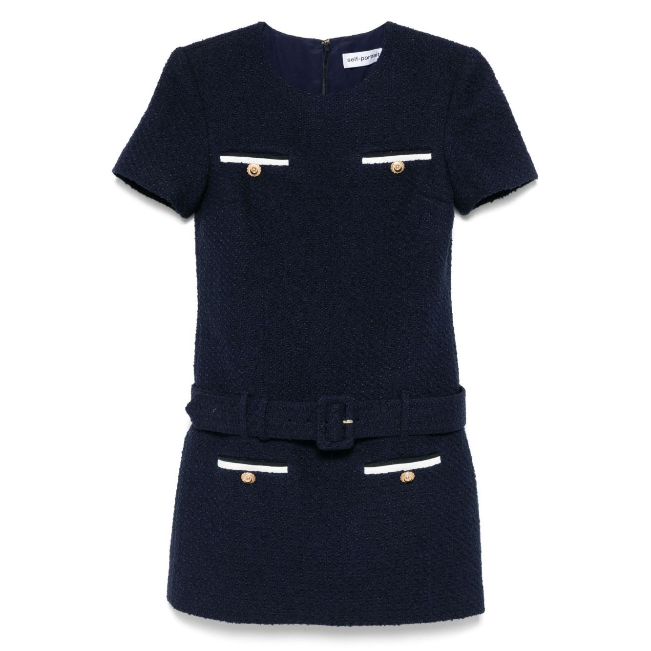 Self-portrait Dresses Blue Boucle mini dress with navy blue color, belted waist, chest welt pockets, and concealed rear zip.