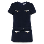 Self-portrait Dresses Blue Boucle mini dress with navy blue color, belted waist, chest welt pockets, and concealed rear zip.