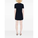 Back view of navy blue boucle mini Self-portrait Dresses Blue with belted waist and welt pockets.