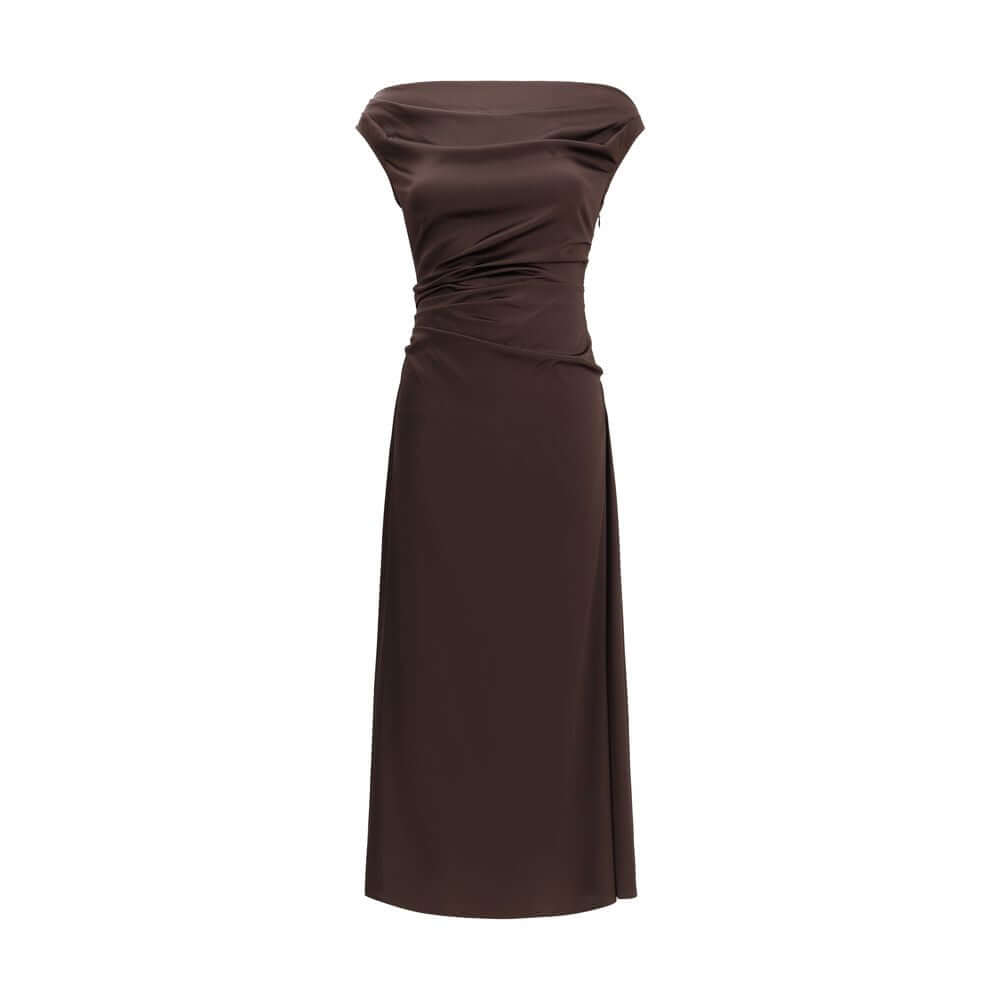 Staud Brown Silk Cocktail Dress with draped neckline and fitted waist, made of stretch silk, perfect for elegant special occasions.