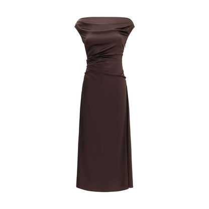 Staud Brown Silk Cocktail Dress with draped neckline and fitted waist, made of stretch silk, perfect for elegant special occasions.