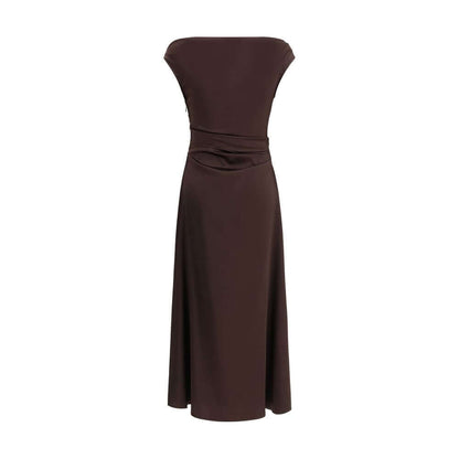 Staud Brown Silk Cocktail Dress with draped neckline and fitted waist, perfect for special occasions.