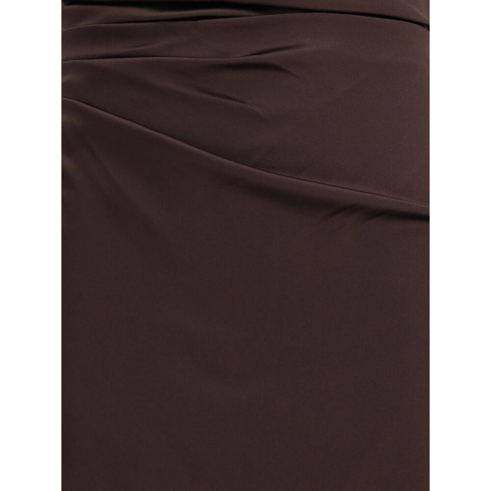 Close-up of Staud Brown Silk Cocktail Dress showing elegant brown stretch silk fabric with draped design detail for special occasions.