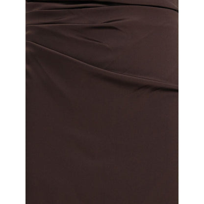 Close-up of Staud Brown Silk Cocktail Dress showing elegant brown stretch silk fabric with draped design detail for special occasions.