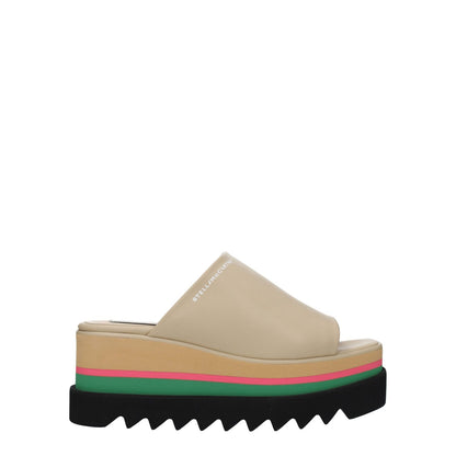 Stella McCartney Beige Leather Slippers with rubber sole and wedge heel featuring side logo and open toe design.