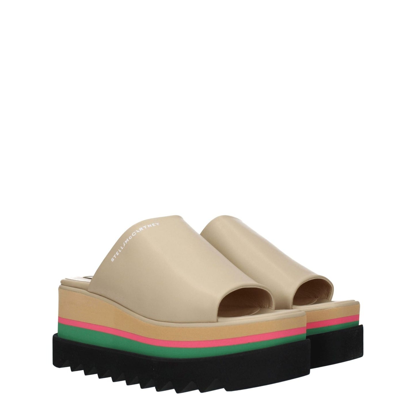 Stella McCartney Beige Leather Slippers with open toe and side logo, eco leather, wedge heel, casual style.