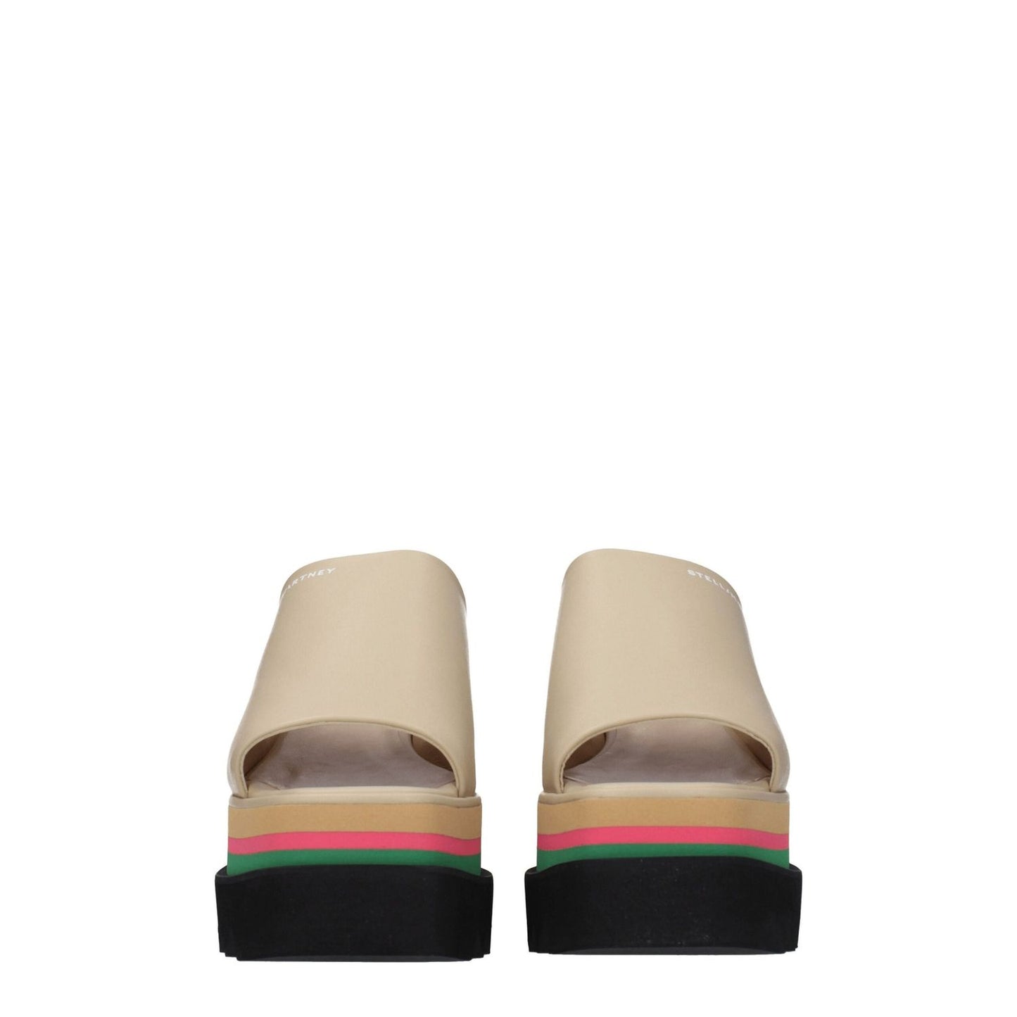 Stella McCartney Beige Leather Slippers with logo detail, eco leather, open toe, wedge heel, casual style, side view.