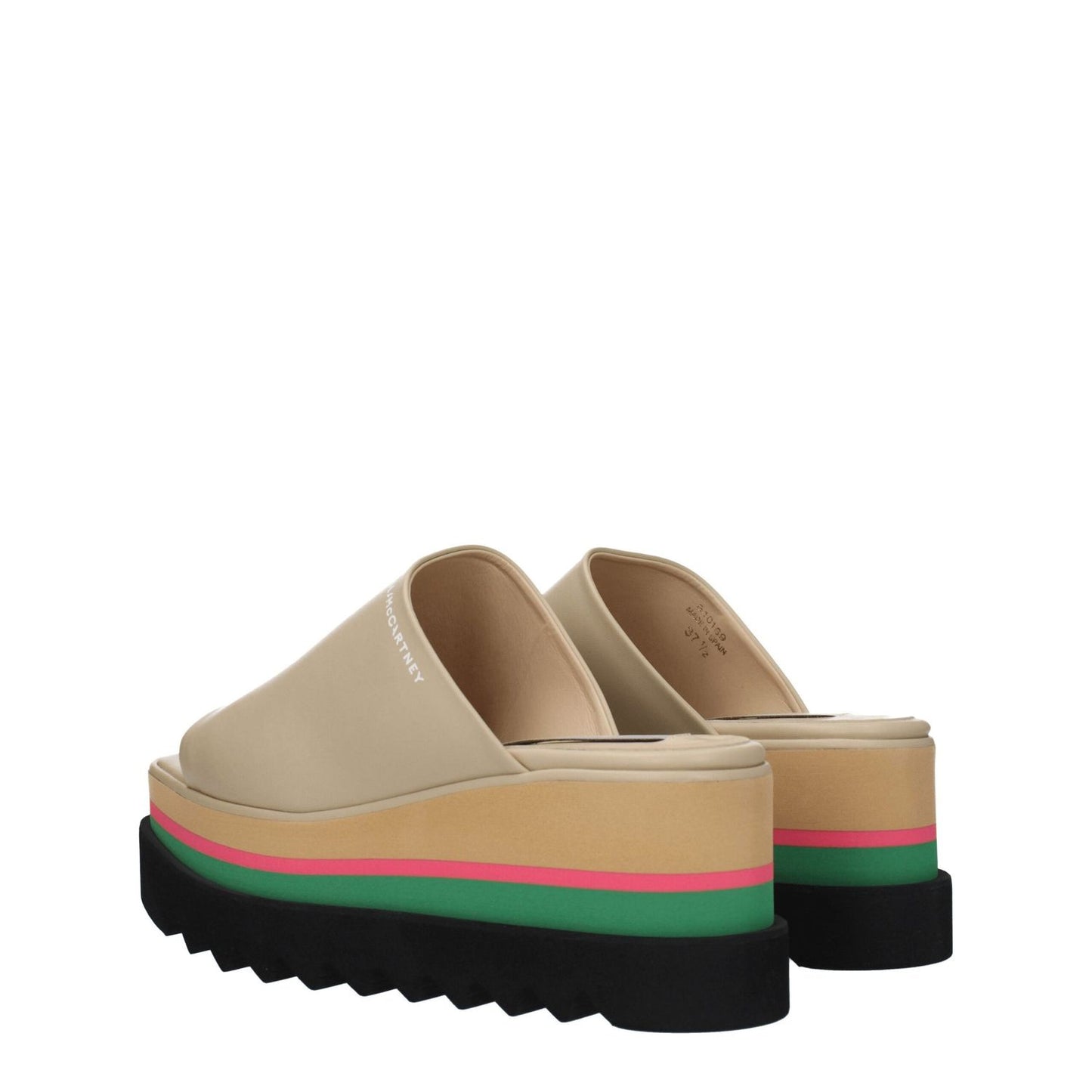 Stella McCartney Beige Leather Slippers with wedge heel, open toe, eco leather material, side logo, and colorful sole design.