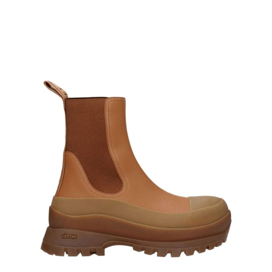 Stella McCartney Brown Leather Ankle Boots with back logo, eco leather, round toe, mid heels, and rubber sole. Casual style.