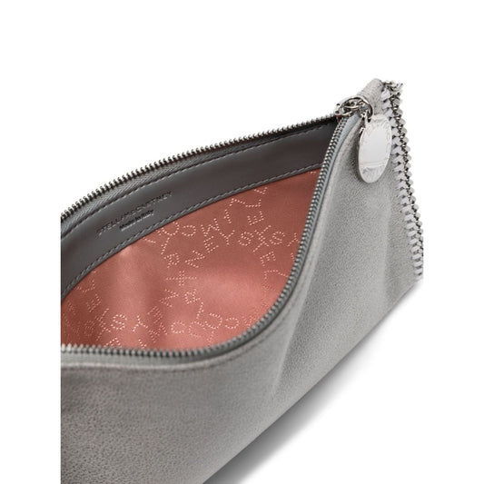Interior view of Stella McCartney Falabella Clutch Shoulder Bag showing logo-jacquard lining and top zip fastening in light grey faux suede.