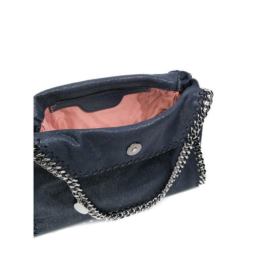 Stella McCartney Falabella mini handbag in blue-black with chain-link handles and trim, showing open view with pink lining.