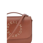 Stella McCartney Logo Flap Bag Eco Embossed Grainy Alter in brown with monogram, adjustable strap, and magnetic closure.