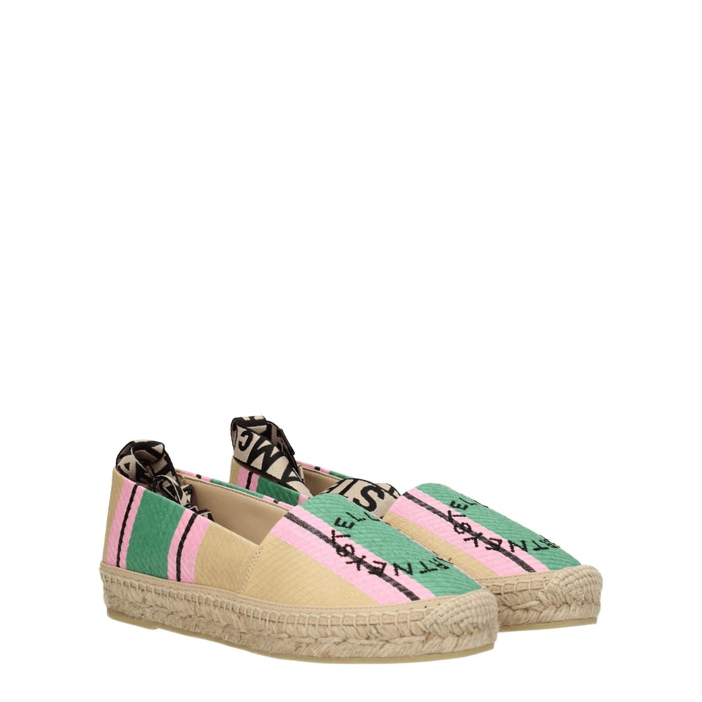 Stella McCartney Multicolor Fabric Espadrilles with logo print, casual low flat shoes, self-tie closure, round toe, rubber sole.