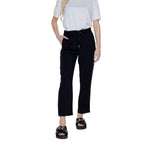 Woman wearing Street One Black Viscose Pant, featuring a slim cigarette cut and ankle length.