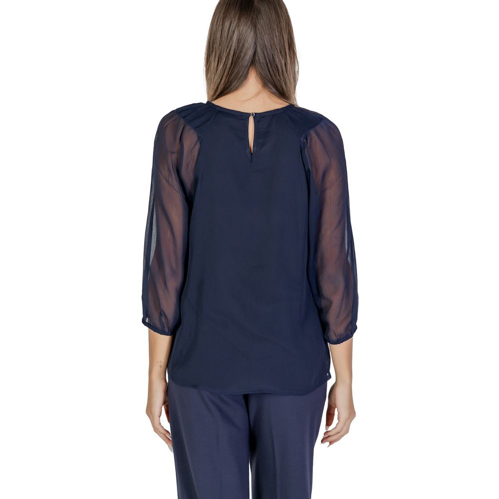 Back view of Street One Blue Polyester Blouse with semi-transparent sleeves, showcasing elegant and versatile design for women.