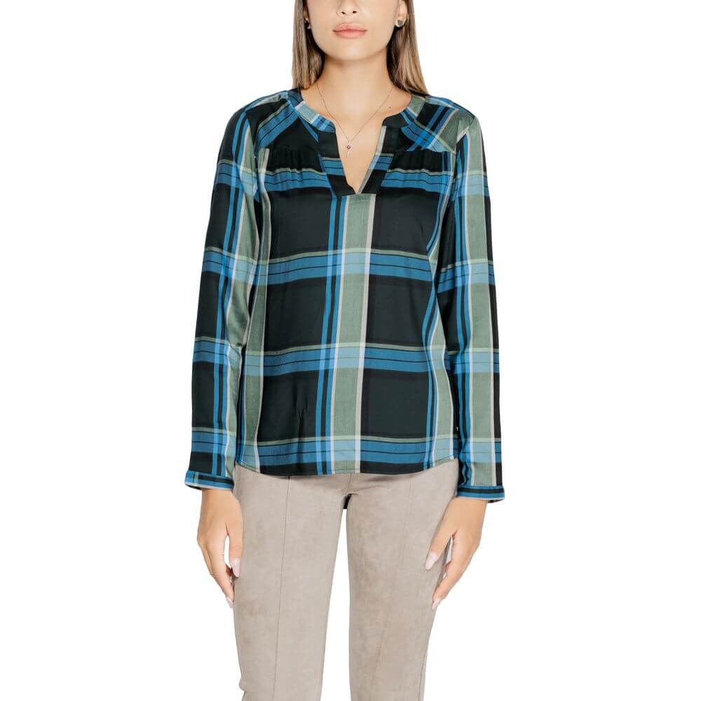 Model wearing Street One Green Viscose Blouse with round neck and short sleeves, featuring elegant gathered details for a stylish look.