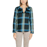 Model wearing Street One Green Viscose Blouse with round neck and short sleeves, featuring elegant gathered details for a stylish look.