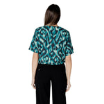 Back view of model wearing Street One Green Viscose Blouse with short sleeves and round neck, featuring elegant gathered details.