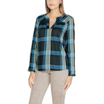 Woman wearing Street One Green Viscose Blouse with roundneck and short sleeves, featuring elegant gathered details.