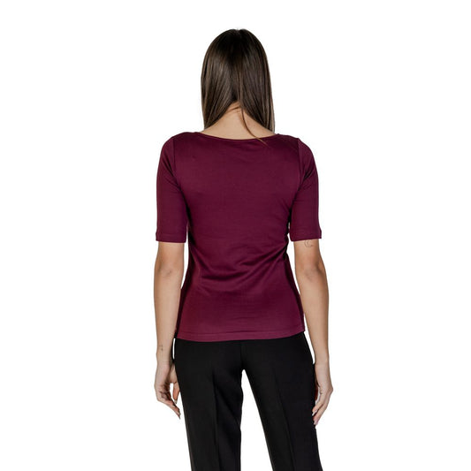 Back view of woman wearing Street One Purple Cotton T-Shirt, short sleeves, spring/summer collection