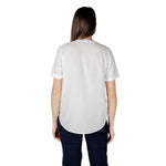 Back view of model wearing Street One White Viscose Blouse with short sleeves and V-neck, showcasing casual summer fashion.