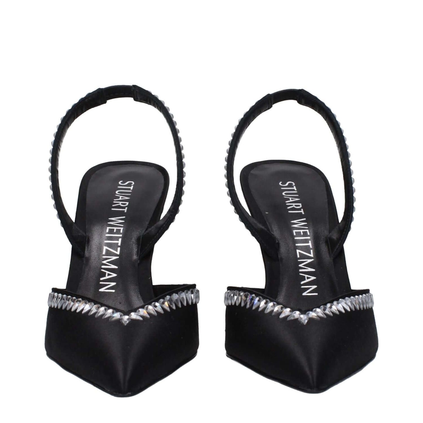 Stuart Weitzman Black Satin Stiletto Heel Sandals with rhinestones, pointy toe, and high heel. Luxury footwear for stylish occasions.