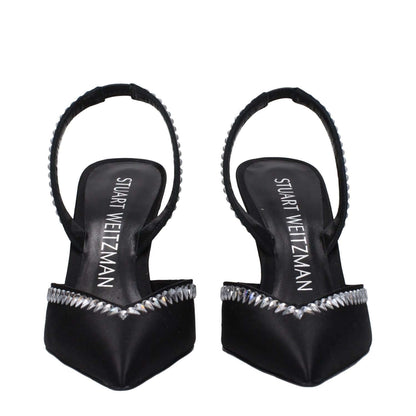Stuart Weitzman Black Satin Stiletto Heel Sandals with rhinestones, pointy toe, and high heel. Luxury footwear for stylish occasions.