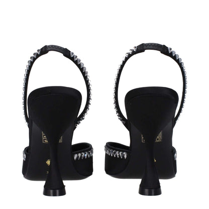 Stuart Weitzman Black Satin Stiletto Heel Sandals with rhinestones, leather sole, and pointy toe. MPN: GMCTXCRV100SANSD150BLACK.