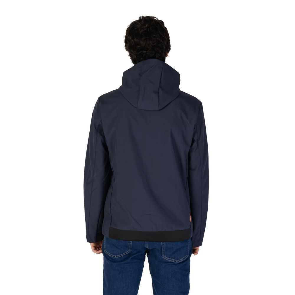 Back view of Suns Blue Polyester Jackets & Coat with hood, featuring modern design and zip pockets.