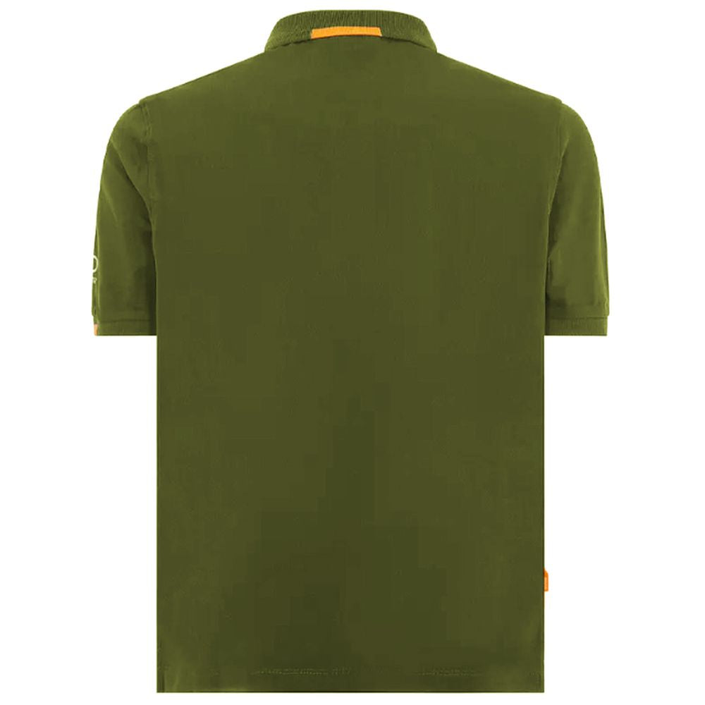 Suns Green Cotton Polo Shirt with ribbed collar and logo on sleeve, back view showing button closure and fabric texture.