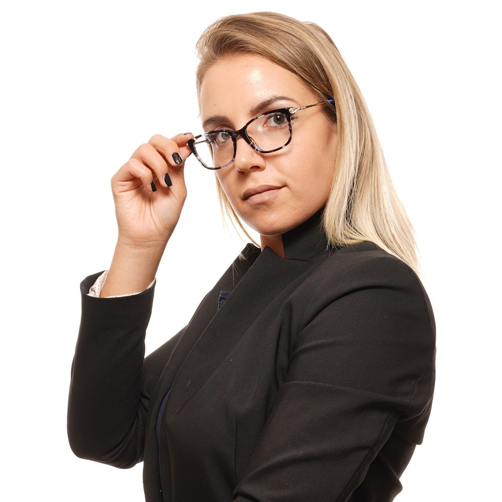 Woman wearing Swarovski Brown Women Optical Frames, square full-rim design, plastic material, demo lenses.