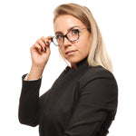Woman wearing Swarovski Brown Women Optical Frames, square full-rim design, plastic material, demo lenses.