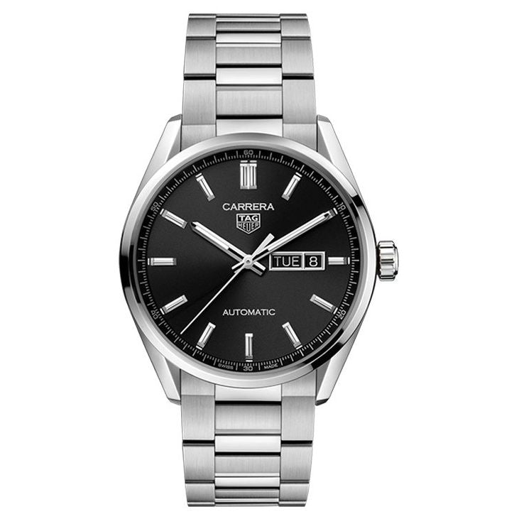 TAG HEUER Mod. CARRERA CAL. 5 wristwatch, 41mm stainless steel case, automatic movement, sapphire dial, SS bracelet, day-date feature.