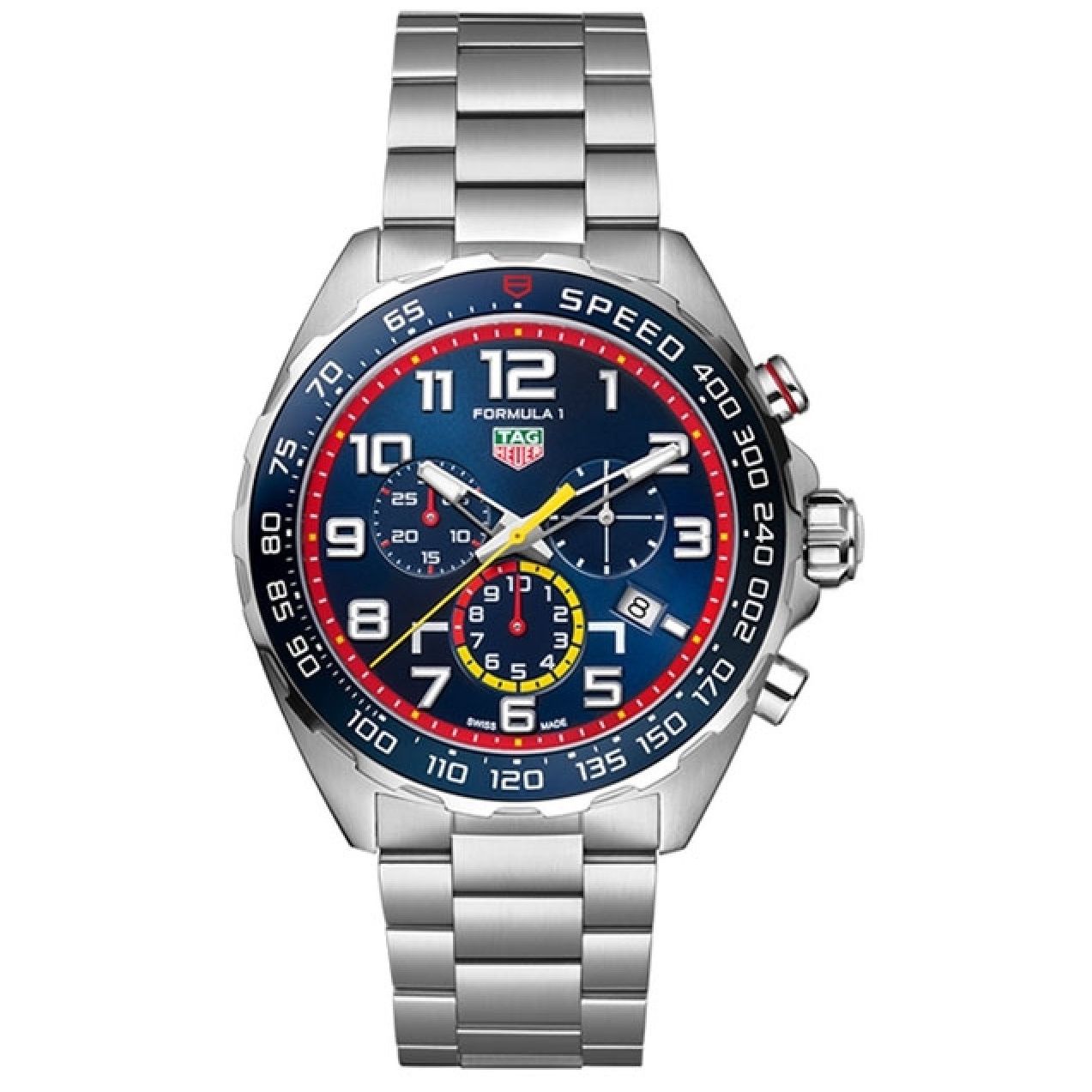 TAG HEUER Mod. F1 CHRONO - REDBULL wristwatch with stainless steel bracelet, 43mm case, quartz movement, chronograph, and sapphire dial.