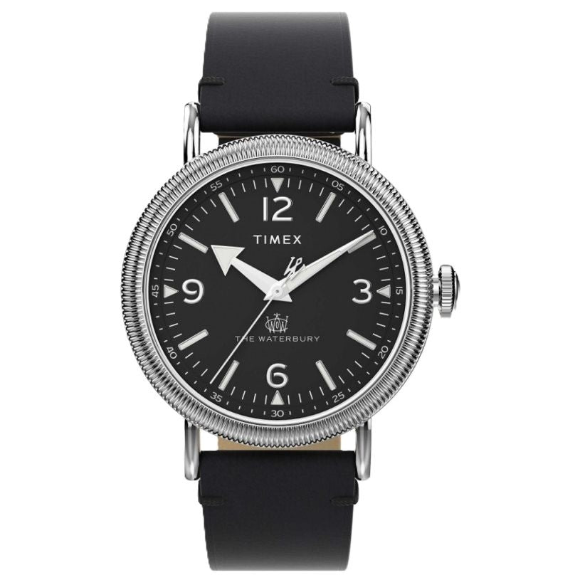 TIMEX MOD. WATERBURY wristwatch with black leather strap and silver casing, showcasing a classic analog dial.