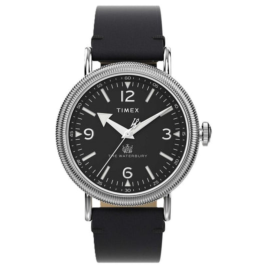 TIMEX MOD. WATERBURY wristwatch with black leather strap and silver casing, showcasing a classic analog dial.
