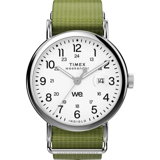 TIMEX MOD. WEEKENDER watch with a classic white dial and green strap, featuring easy-to-read numerals and date display.