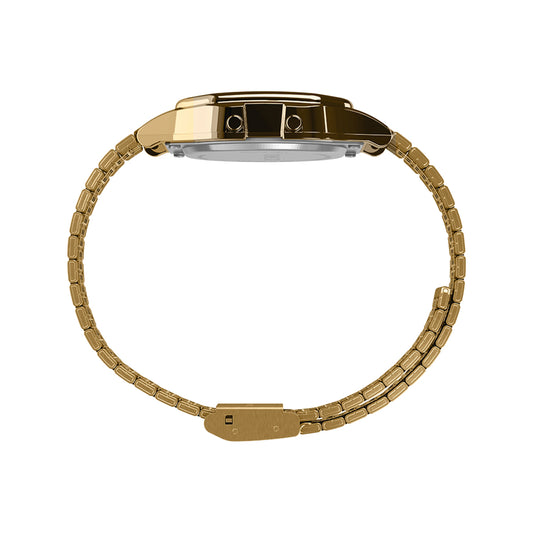 Side view of TIMEX Mod. T80 wristwatch in gold, featuring quartz movement, 42mm stainless steel case, 3 ATM water resistance, official box.