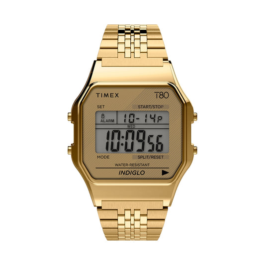TIMEX Mod. T80 wristwatch, gold SS IP case and strap, quartz movement, alarm function, 3 ATM water resistance, displayed in official packaging.