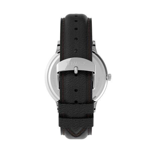Rear view of TIMEX Mod. WATERBURY CLASSIC wristwatch showcasing the leather strap and stainless steel case