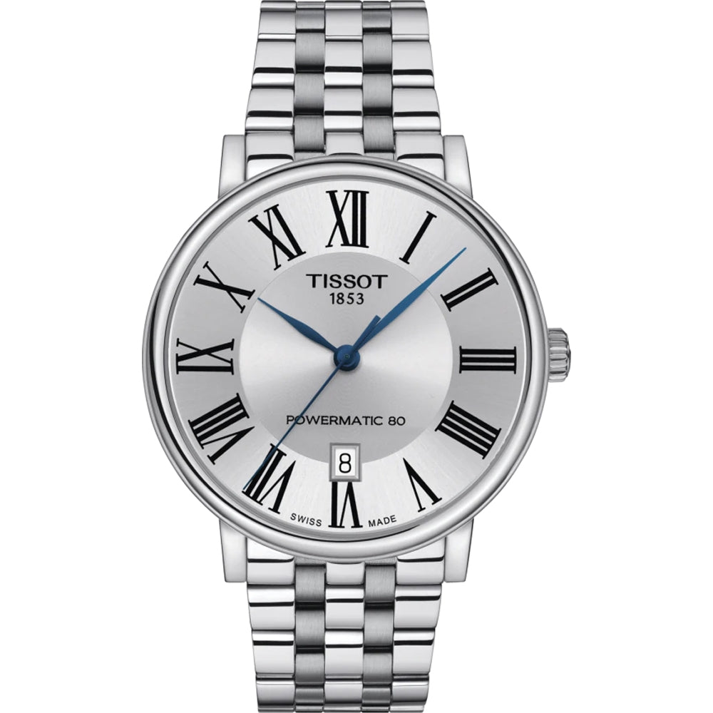 TISSOT Mod. CARSON POWERMATIC 80 wristwatch featuring stainless steel bracelet, 40mm case, sapphire dial, automatic movement, Swiss made.