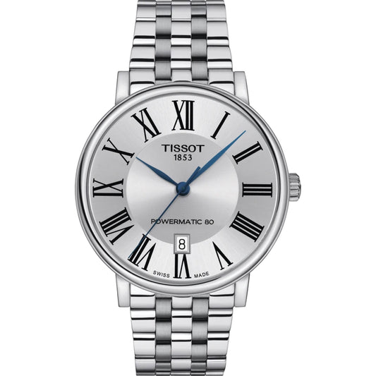 TISSOT Mod. CARSON POWERMATIC 80 wristwatch featuring stainless steel bracelet, 40mm case, sapphire dial, automatic movement, Swiss made.