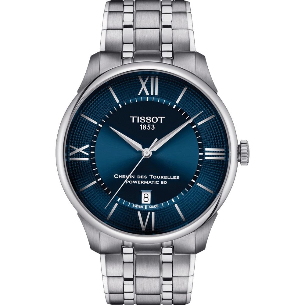 TISSOT Mod. CHEMIN DES TOURELLES POWERMATIC 80 watch with blue dial and silver bracelet.