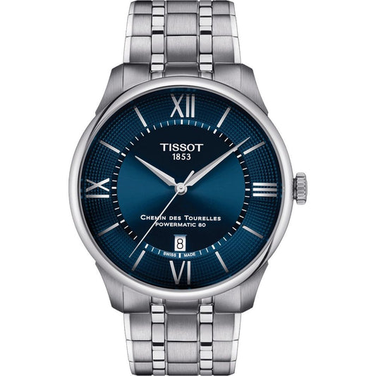 TISSOT Mod. CHEMIN DES TOURELLES POWERMATIC 80 watch with blue dial and silver bracelet.