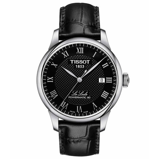 TISSOT Mod. LELOCLE POWERMATIC 80 watch with black leather strap, Swiss made, in official box packaging.