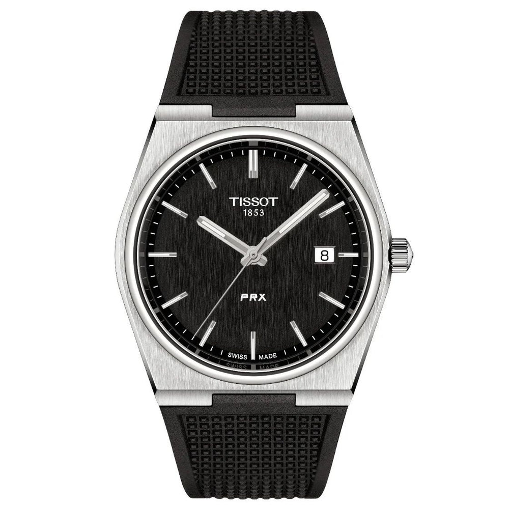 TISSOT Mod. PRX watch with black dial and textured strap, made in Switzerland, displayed in official packaging.