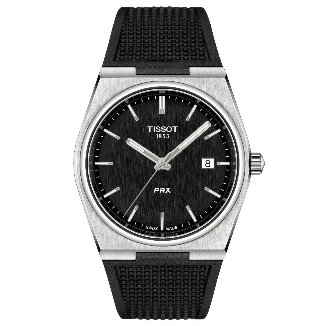 TISSOT Mod. PRX watch with black dial and textured strap, made in Switzerland, displayed in official packaging.