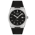 TISSOT Mod. PRX watch with black dial and textured strap, made in Switzerland, displayed in official packaging.
