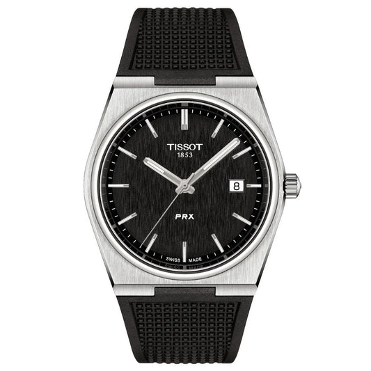 TISSOT Mod. PRX watch with black dial and textured strap, made in Switzerland, displayed in official packaging.